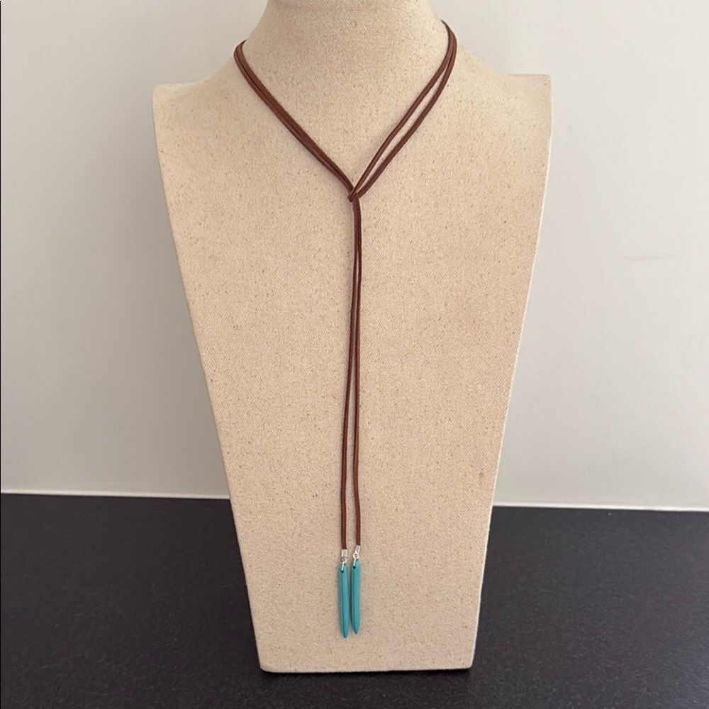 Western Bolo Tie Necklace – Brown Faux Suede Cord with Turquoise Tips